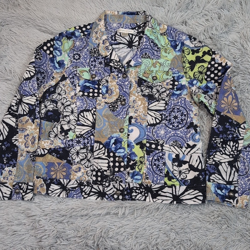 Christopher & Banks Jacket Womens L Blue Paisley Butterfly Button Up Casual